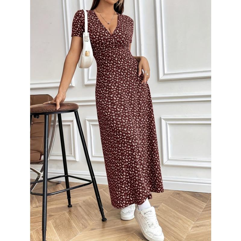 

Женское модное платье средней длины с небольшим цветочным принтом и V-образным вырезом L темно-красного