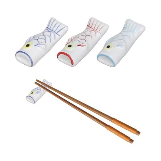 Set of 3 Ceramic Chopstick Rests - Fish Design, Japanese Style, Cute Tableware, Deep Blue, Light Blue, Red, Tai-inspired Small Fish Design, Easy to