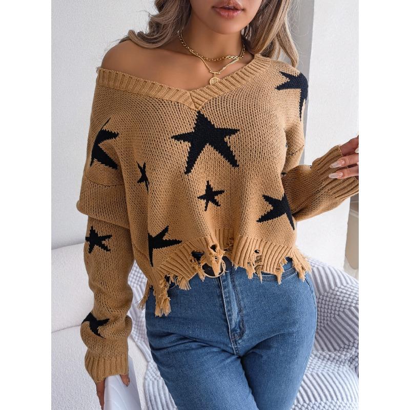 Damen Herbst- und Winter Strickpullover mit V-Ausschnitt und langen Ärmeln