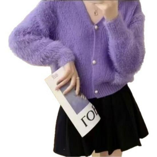 European Faux Mink V-Neck Soft Knit Cardigan Sweater - Plush Loose-Fit for Autumn/Winter
