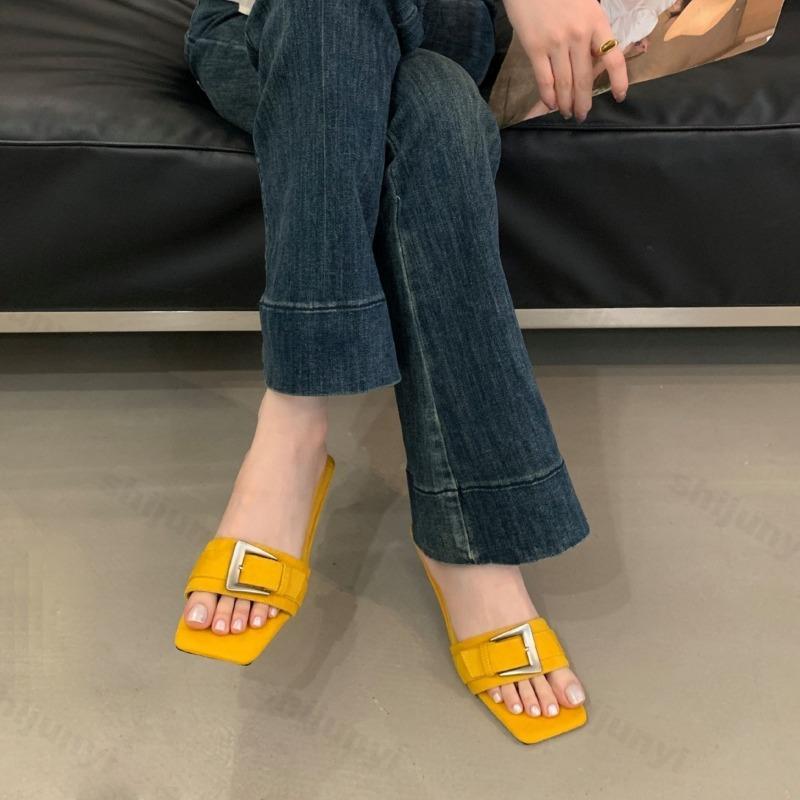 Fashion Belt Buckle Designed Open Toes Square Head Fashion Slipper for Women 2025 Summer Elegant Outdoor Comfortable High-heeled Sandals