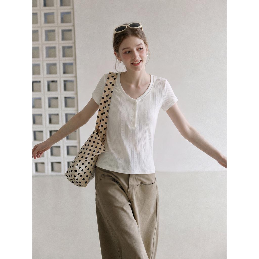 Commuter Style White Half-open Neck Front Shoulder Short-sleeved T-shirt Women's Summer New Button-up Slim-fitting Waist Top