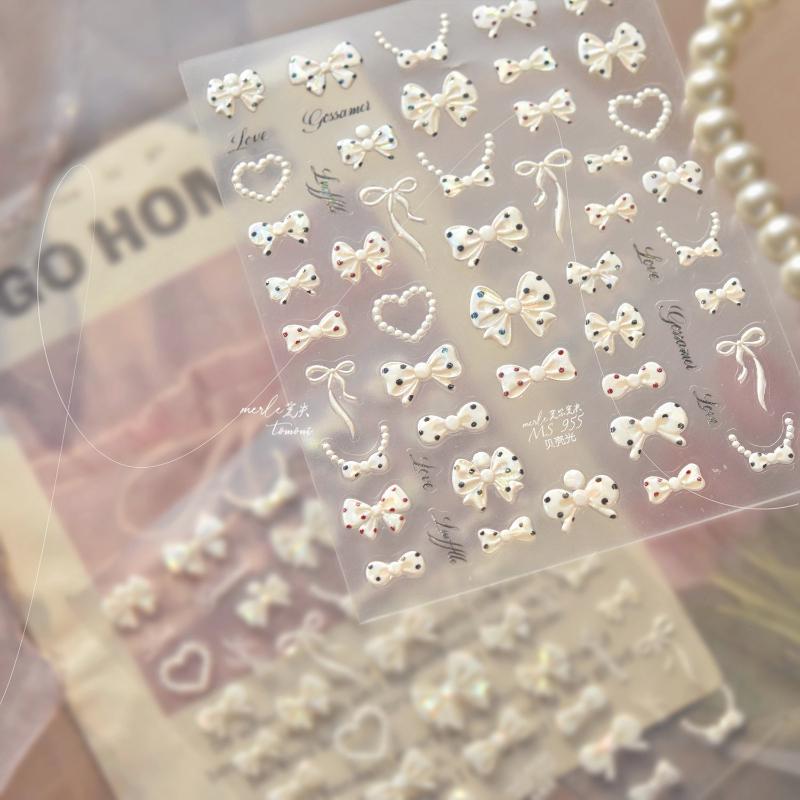 Heart Pearl Nail Stickers Small Fresh White Bow Ribbon Nail Charms Stickers Self Adhesive Nails 3D Decorations Parts Diy Decals