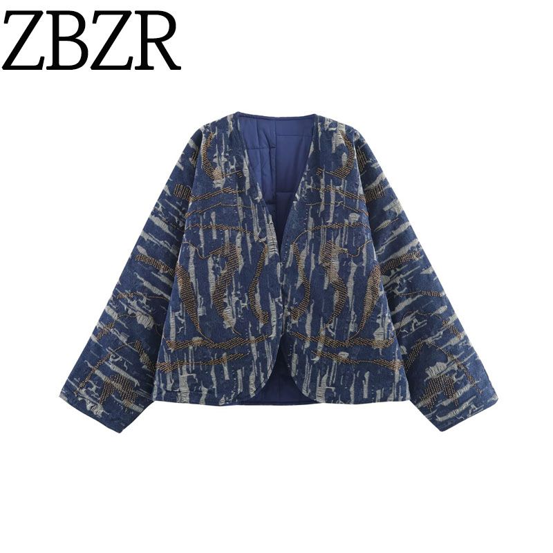 Za New Fall Women's Clothing 2025 Fashion Wind Beaded Denim Effect Cotton Coat Kimono Coat 1023228