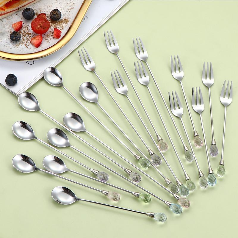 Diamond Spoon Fork Stainless Steel Long Stirring Spoon Exquisite  Teaspoon For Ice Cream Dessert Coffee Cocktail Mug