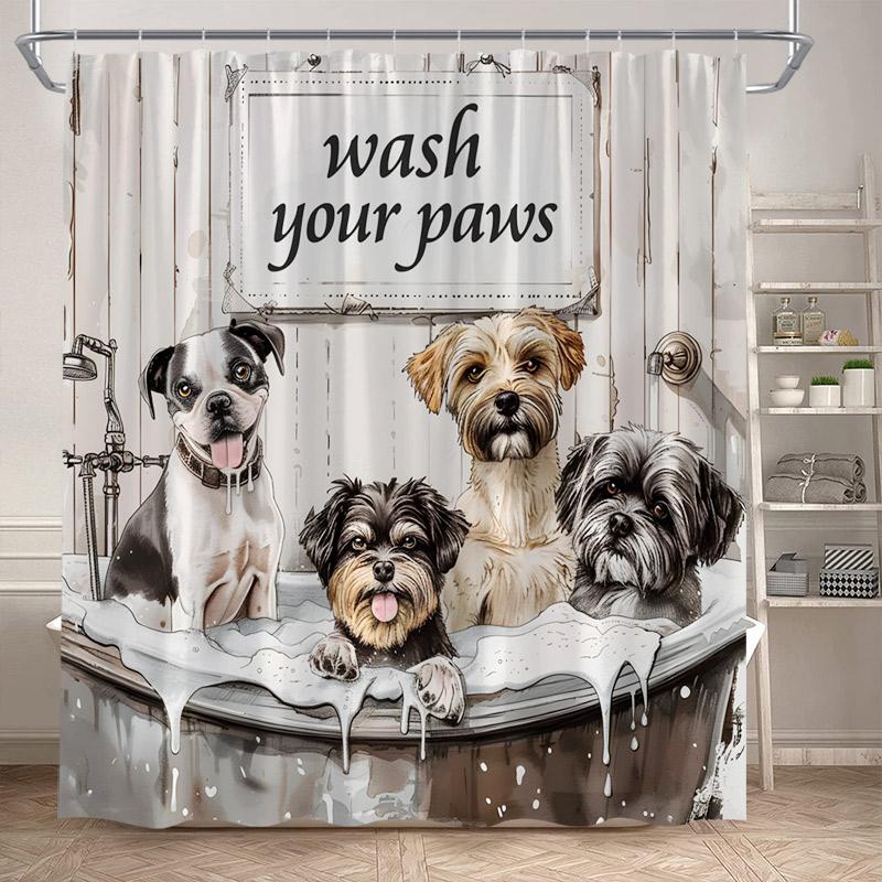 Funny Bathing Dogs Shower Curtain Bathtub Wash Your Paws Cute Pet Cartoon Animals Bath Curtains Fabric Bathroom Decor with Hooks