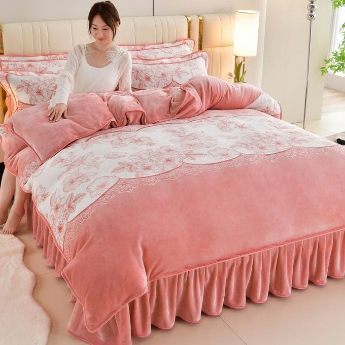 Thickened Milk Fleece Four-Piece Coral Fleece Quilt Cover, Bed Sheet Fleece Double-Sided Fleece Flannel Bedding, Bed Skirt