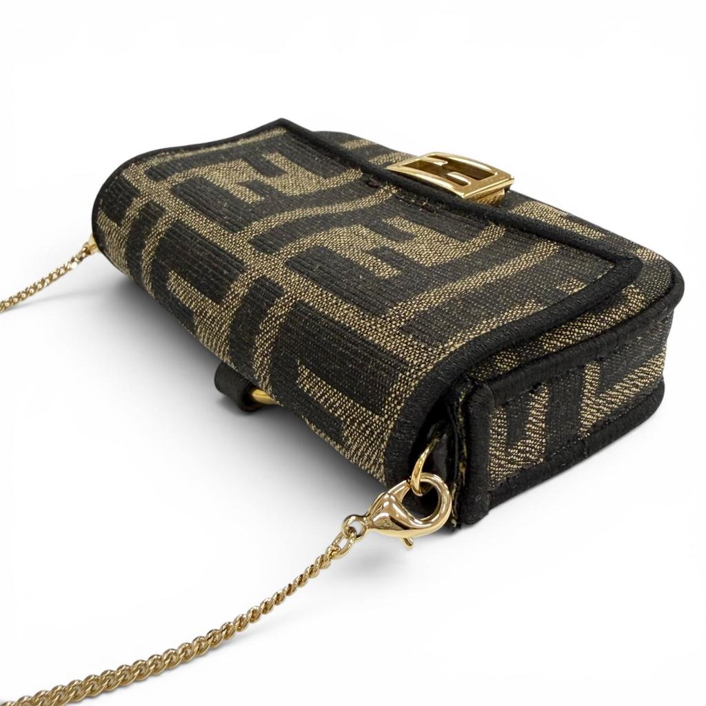 Great FENDI Nano bucket FF Logo Metal Zucca Pattern 2-Way Chain Shoulder Pouch Used