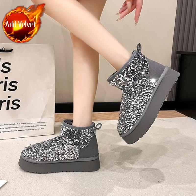 

Модная обувь с пайетками и увеличением роста, женские ботильоны с круглым носком, плюшевые массивные зимние ботинки для женщин, дизайнерская роскошь Y2k, готика, теплая обувь 35