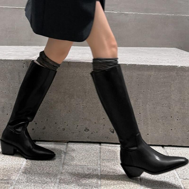 Bottes hautes en cuir à bout carré, semelle souple, fermeture éclair arrière, antidérapantes, résistantes à l'usure, à talon bloc pour femmes