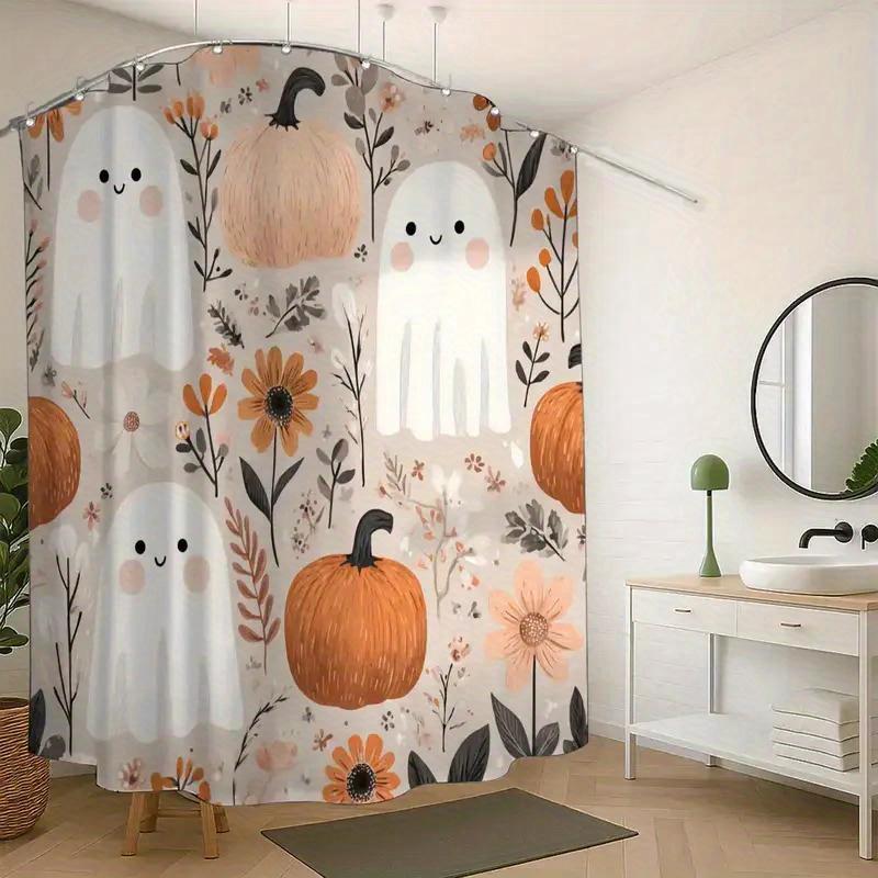 1Pc Halloween Ghost And Pumpkin Pattern Shower Curtain, Polyester Fabric, Machine Washable, Suitable For Bathroom Decoration