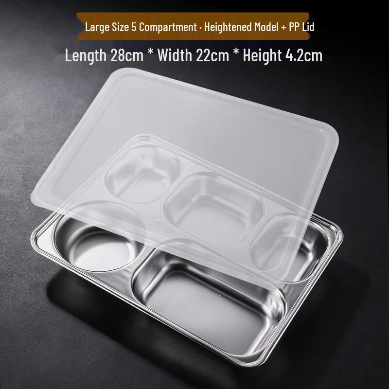 

Food Grade Stainless Steel 5-Compartment Lunch Tray with PP Lid