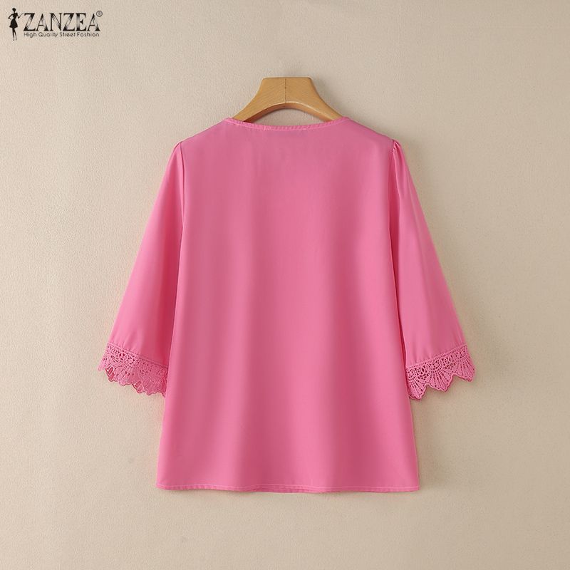 ZANZEA Women Crochet Patchwork Round Neck Casual Half Sleeve Blouse