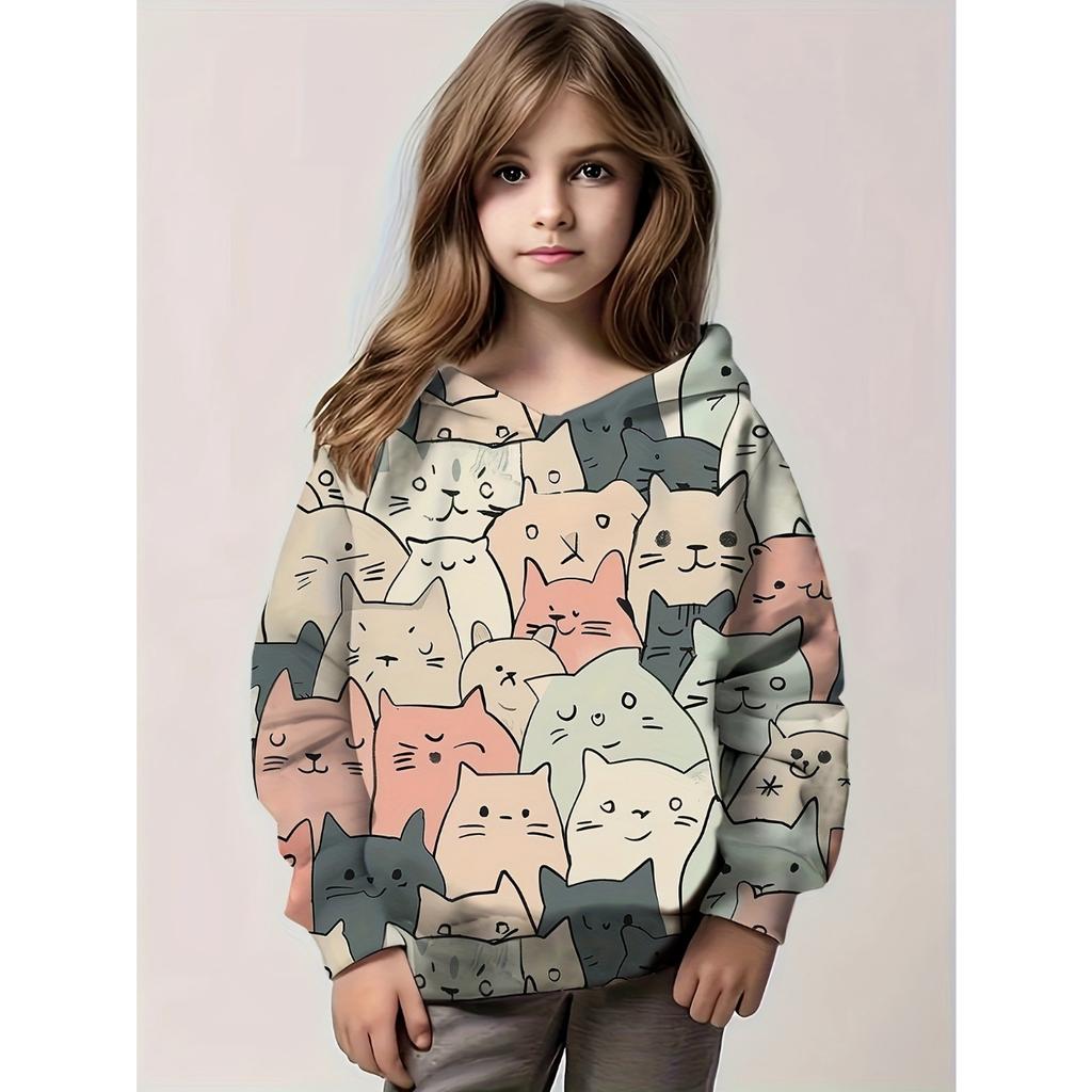 Barneklær Jentegensere Langermede Søte 3D-kattetrykk Barn Vår Høstklær Uformelt Tegneserie Utendørs Jenteklær Topper