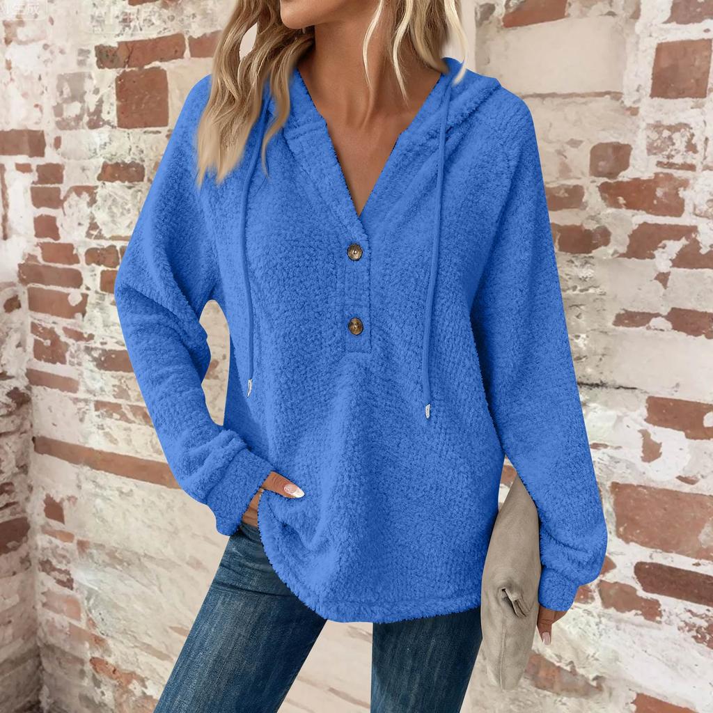 Women's Fashion Long-Sleeved Drawstring Button-Up V-Neck Casual Fleece-Lined Solid-Colour Hooded Sweatshirt Top