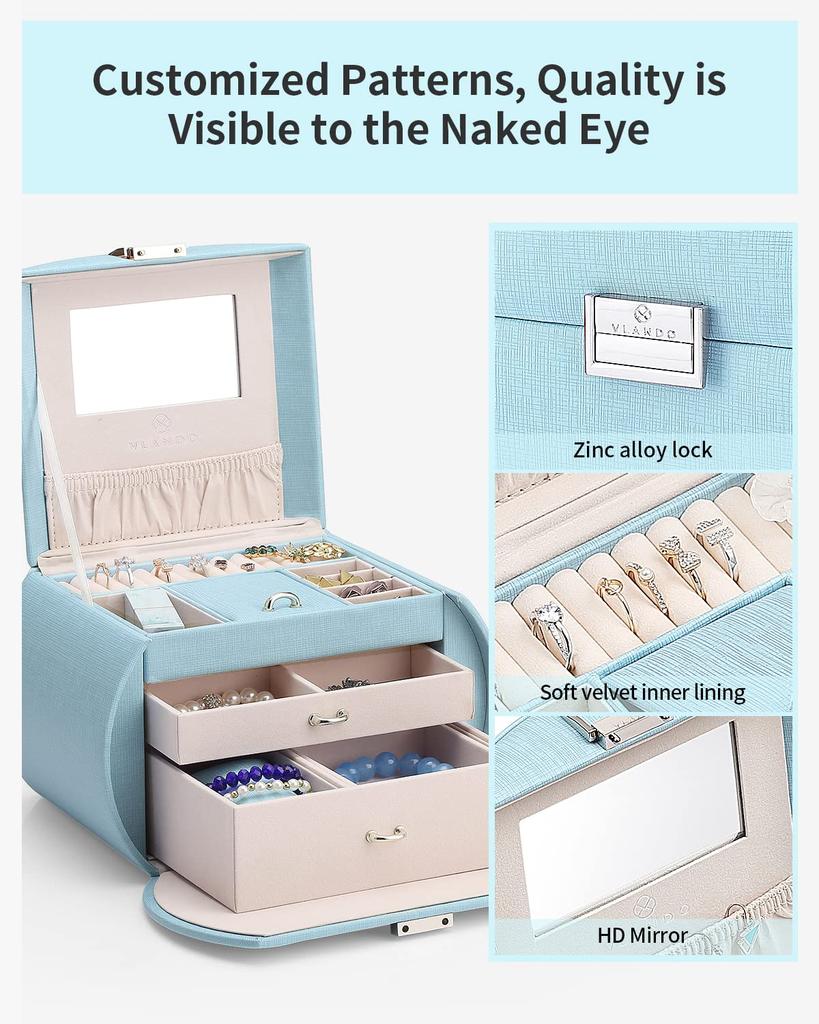 Vlando Semi-Circular Jewelry Box, Jewel Box, Mother's Day Sweet Gift, with Mirror, for Earrings, Necklaces, Rings, Accessory Case, Ring Holder, 5 Colo