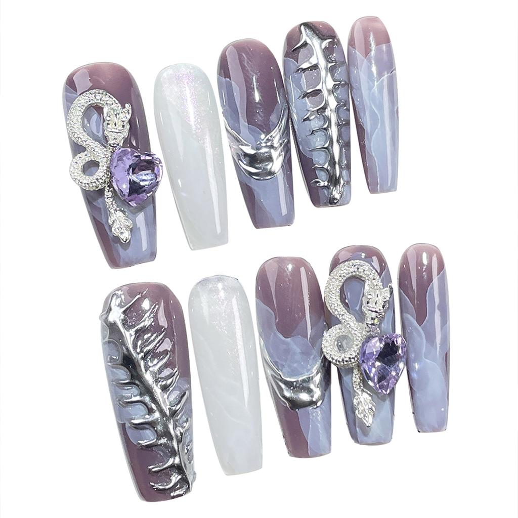 318 Watercolor Gradient Magic Mirror Powder 3D Effect Dragon Year Long Fake Nail Tips 10 Pieces Per Bag