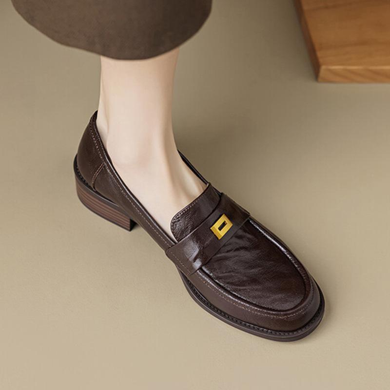 Rindslederversion~ Echtleder Rundkopf Ein-Pedal Goldschnalle Loafer Damen Britisch vielseitig lässig kleine Lederschuhe dicker Absatz Einzelne Schuhe