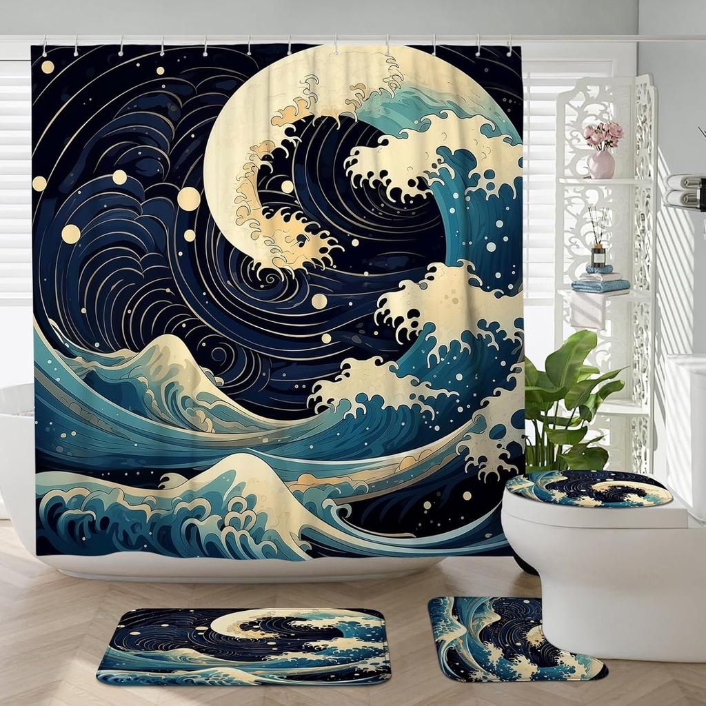 Japanese Cherry Blossom Shower Curtain Set, Asian Anime Shower Curtains for Bathroom Cool Watercolor Abstract Art