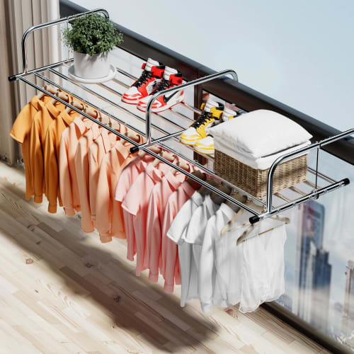 LENSKINS Balcony Clothes Dryer, Extendable, No Assembly Required, Stainless Steel Reinforced, Foldable, Indoor Clothes Dryer, Futon Dryer, Balcony Clo