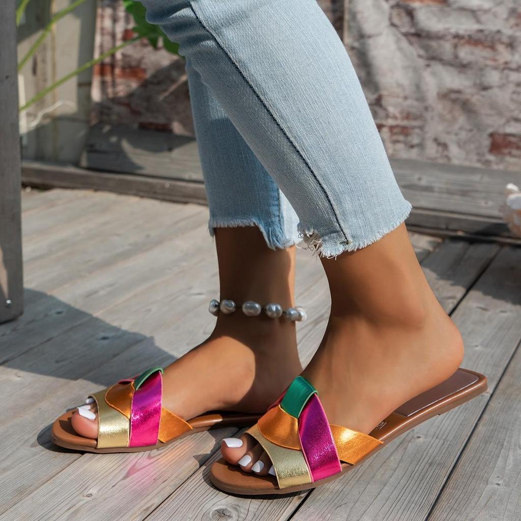 Sommer Designer Frau Flache Neue Hausschuhe Gewebt mit Bequemen frauen Schuhe Casual Bottom Hausschuhe Frauen 2024 Neue