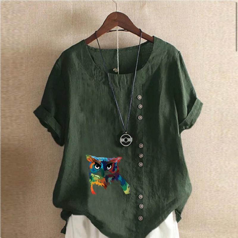 Women's Fashion Round Neck Short Sleeve T-shirt Casual Cotton Linen Graphic Shirt Leisure Owl Prined Summer Blouse Tops