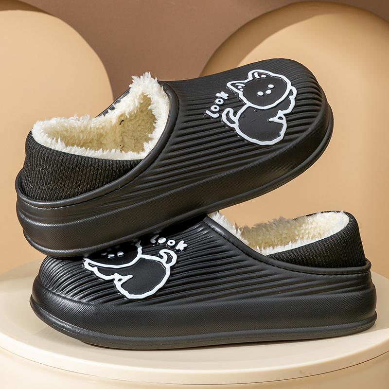 

Модные новые зимние мужские тапочки с мягкой подошвой, водонепроницаемые, нескользящие, с покрытием на пятке, с плоским носком, теплые плюшевые тапочки для дома, повседневная хлопковая обувь 44-45 чёрный