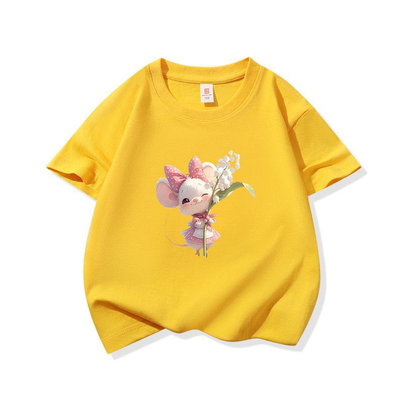 Kids Cotton T Shirt Sweet Mouse With Lily Flower Print Crew Neck Short Sleeve Tee Casual Boys Girls Summer Tops