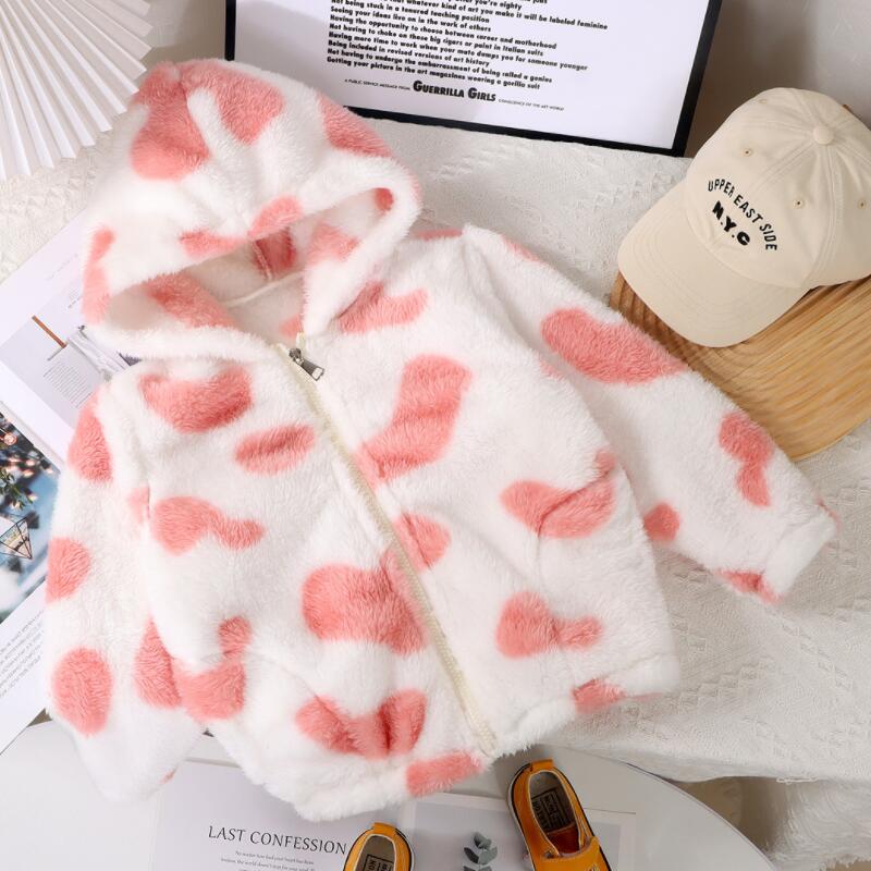Girls Hooded Plush Jacket Big Children Autumn Winter Keep Warm Outerwear Fashion Princess Christmas Clothes Kids Cute Cow Coat