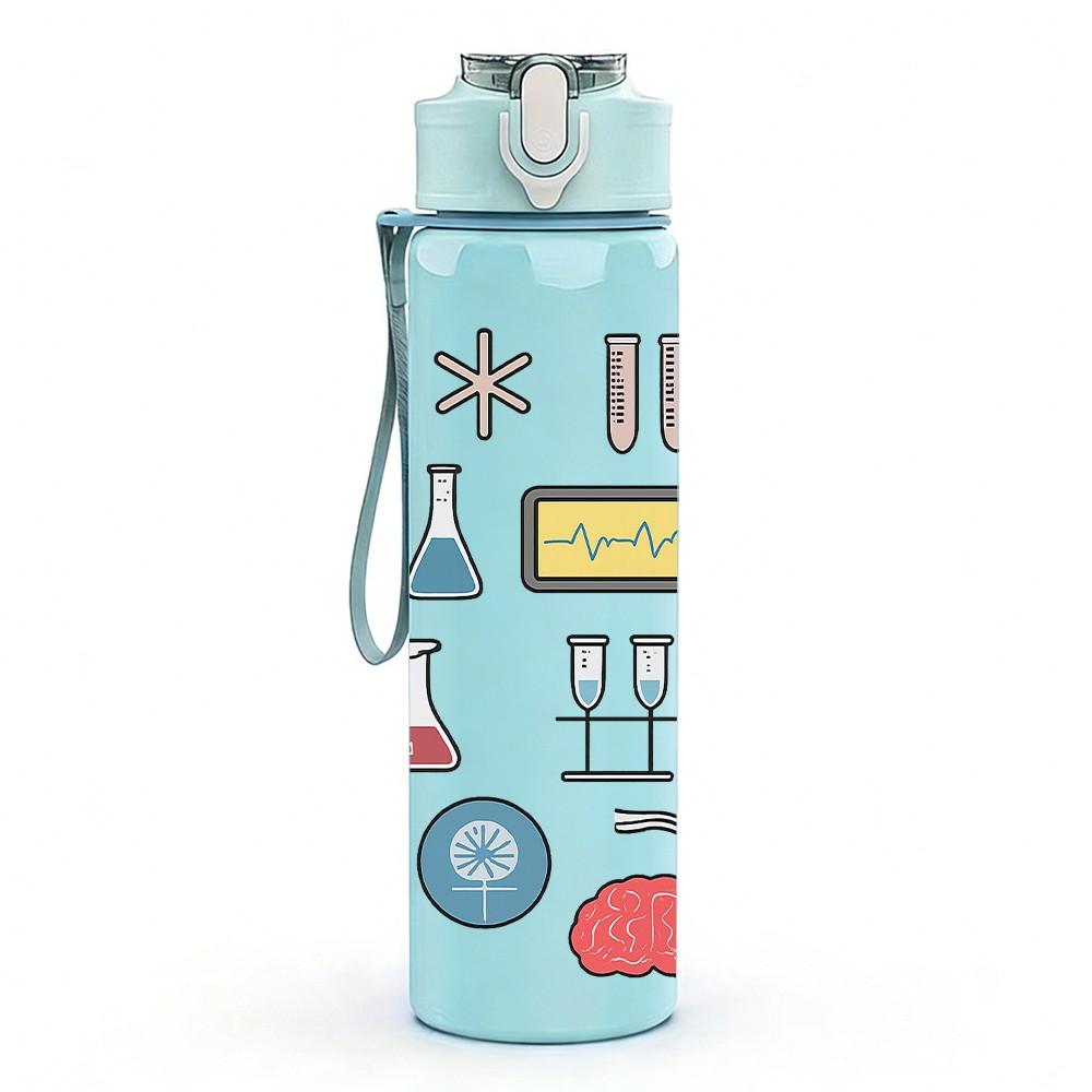 1PC Brain Gear Bulb Science Pattern Print 750ml Color Plastic Sports Water Bottle Leakproof Flip Straw Lid Suitable for Sports Office Home Use