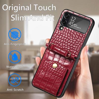 Anti -Fingerprint Crocodile Leather Funda Case For Samsung Galaxy Z Flip 4 Flip4 5g Drop Protection Cover With Lanyard Strap