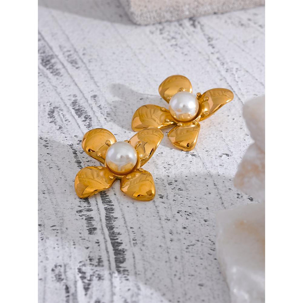 Yhpup Elegant Imitation Pearls Stainless Steel Flower Big Stud Earrings Women Golden Rust Proof Trendy Jewelry Party Gift