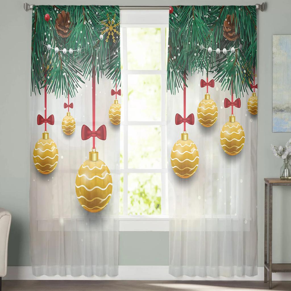 Christmas Golden Decoration Ball Sheer Curtains for Living Room Decoration Window Curtains Kitchen Tulle Voile Curtains
