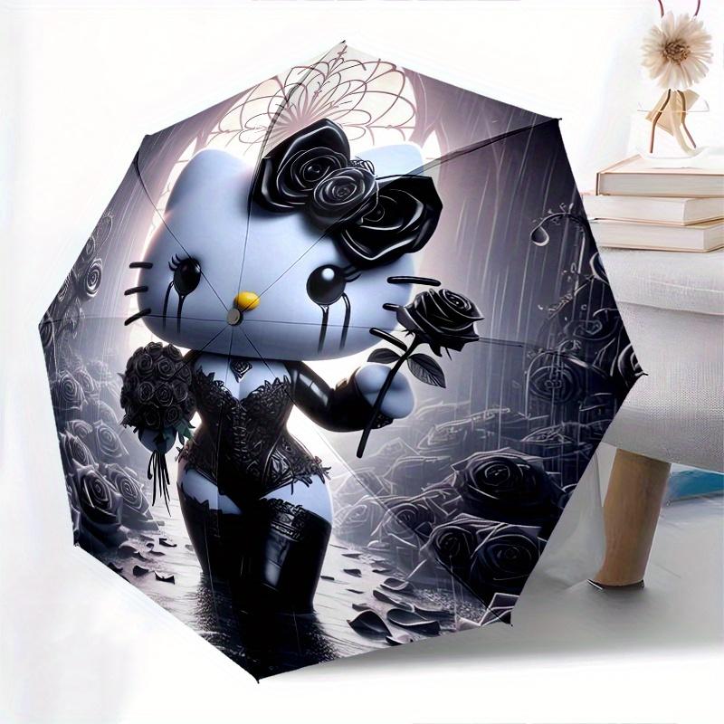 Gothic Hello Kitty,Black Roses Automatic Folding Umbrella-Simple 8-Rib Design, Bright Cartoon Pattern, Durable Iron Frame, Suitable For Trav