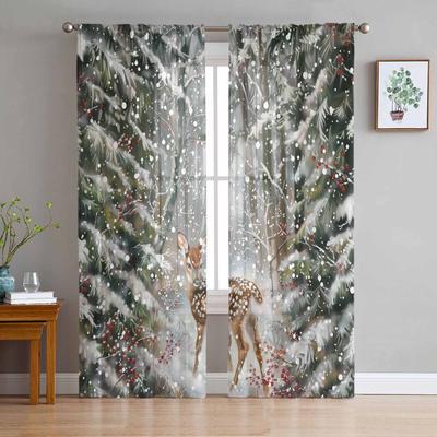 Christmas Snowflake Deer Snow Scene Curtains For Living Room Bedroom Home Decoration Window Voile Tulle Curtain Drapes