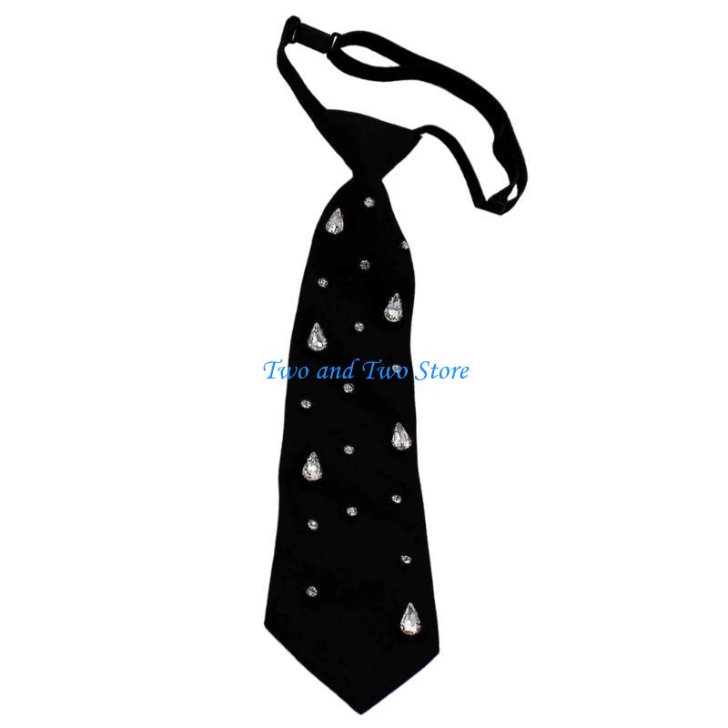 HX6F Women's School Uniform Tie Harajuku Rhinestones Vintage Pre Tied Black Necktie