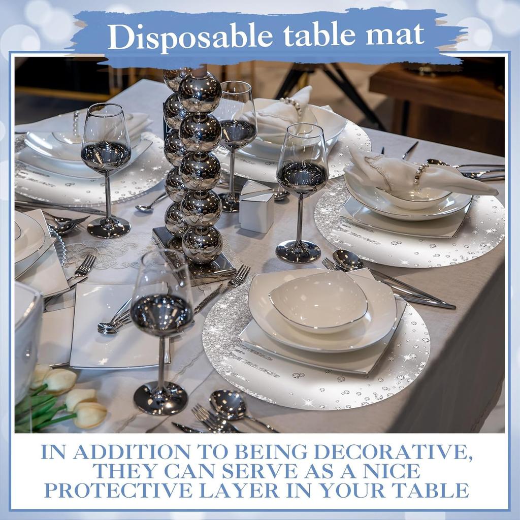 120 Pieces Silver Paper PlaceMats Glitter Diamonds Round Disposable Table Mats Decorative Paper Mats for Dining Wedding Birthday Silver Glitter