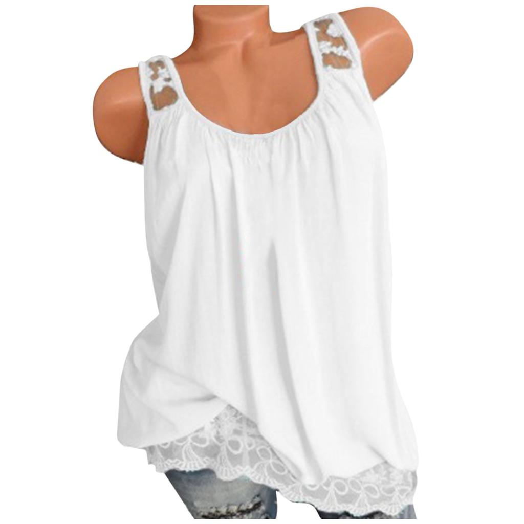 Women Summer 2022 Sleeveless Casual Solid Color O-Neck Lace Hem T-Shirt Tops Blouse