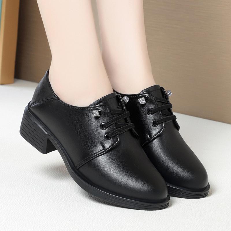 Fashion GKTINOO 2025 Spring Autumn Genuine Leather Shoes Woman Pumps British Soft Sole Plus Velvet Warm Black Shoes Mid Heels