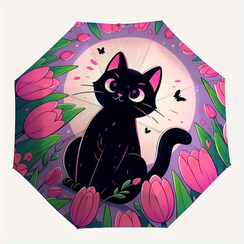 

1 шт. Черная Кошка Автоматический Открывающийся/Закрывающийся Складной Зонт, Компактный Портативный Дорожный Зонт, Идеальный Подарок на День Рождения/Рождество, Милый Зонт, Прочный Co