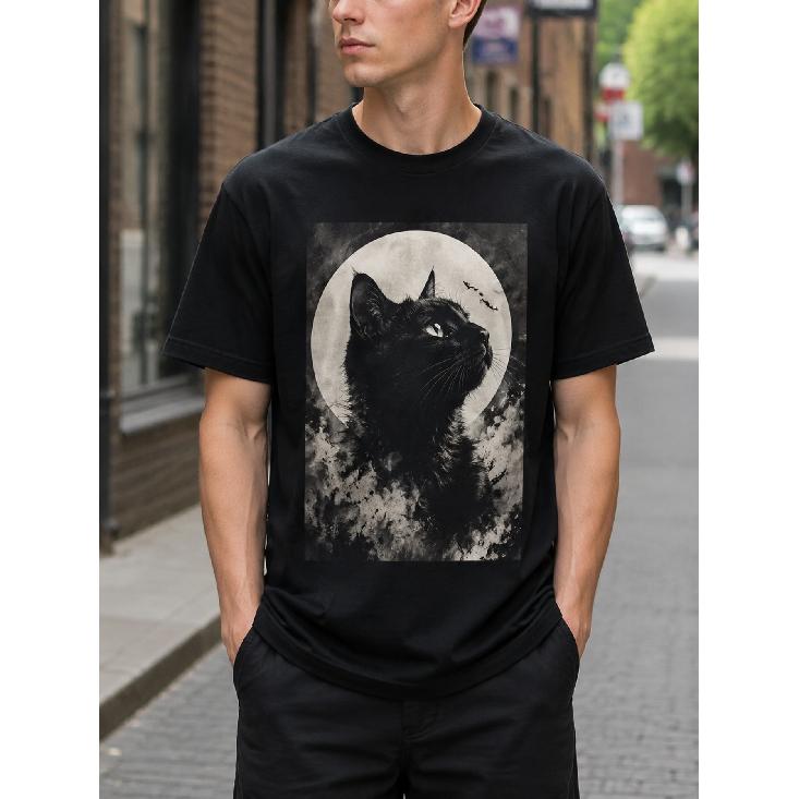 Men's black cat graphic tee with moon and bats design, soft cotton short sleeve crew neck shirt for casual daily wear or Halloween themed outfits