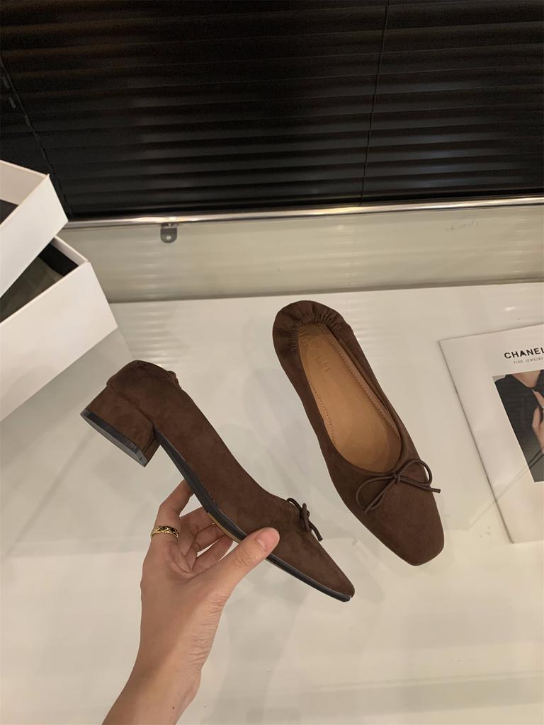 Coarse heel suede bow single shoes women's shoes 2025 new spring and autumn evening shoes French retro commuter ladyshoes