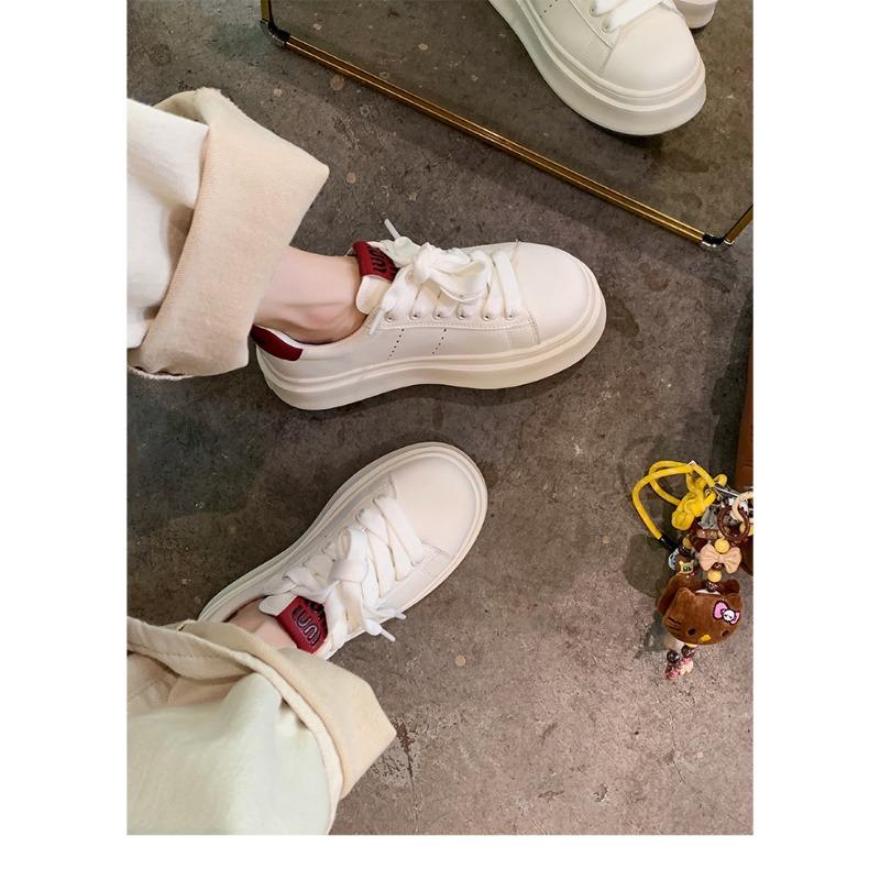 Cowhide version~ Classic round head thick sole heightening lace-up little white shoes college style versatile board shoes women