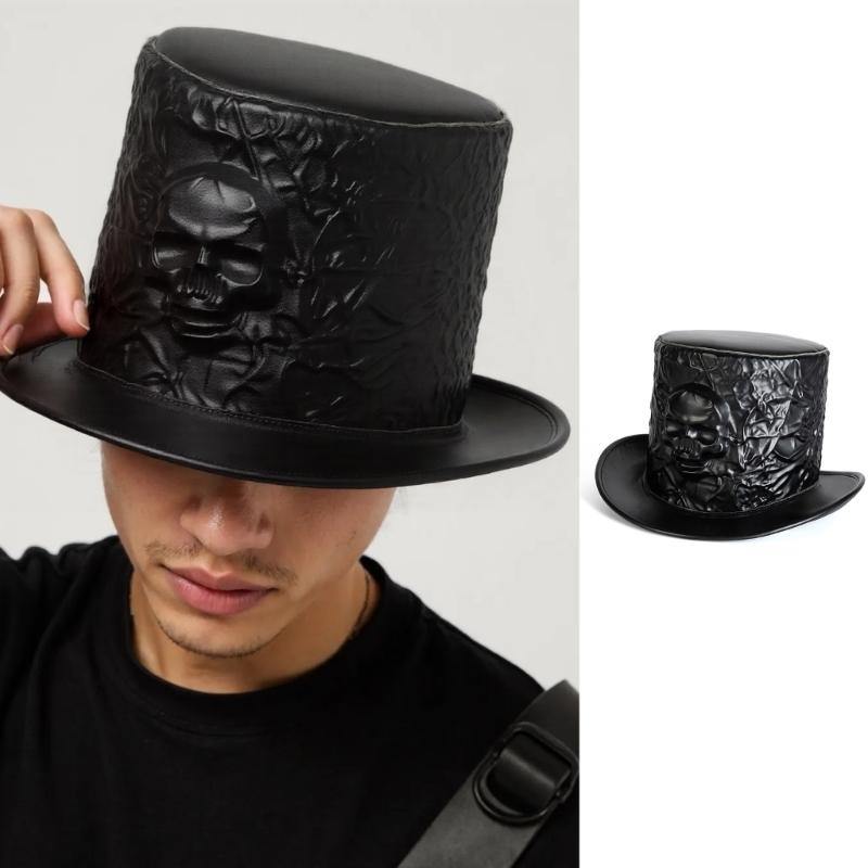 Halloween Totenkopfhut aus PU und Polyester mit breiter Krempe und schwarzer Farbe, atmungsaktiver Zylinder für Damen und Herren