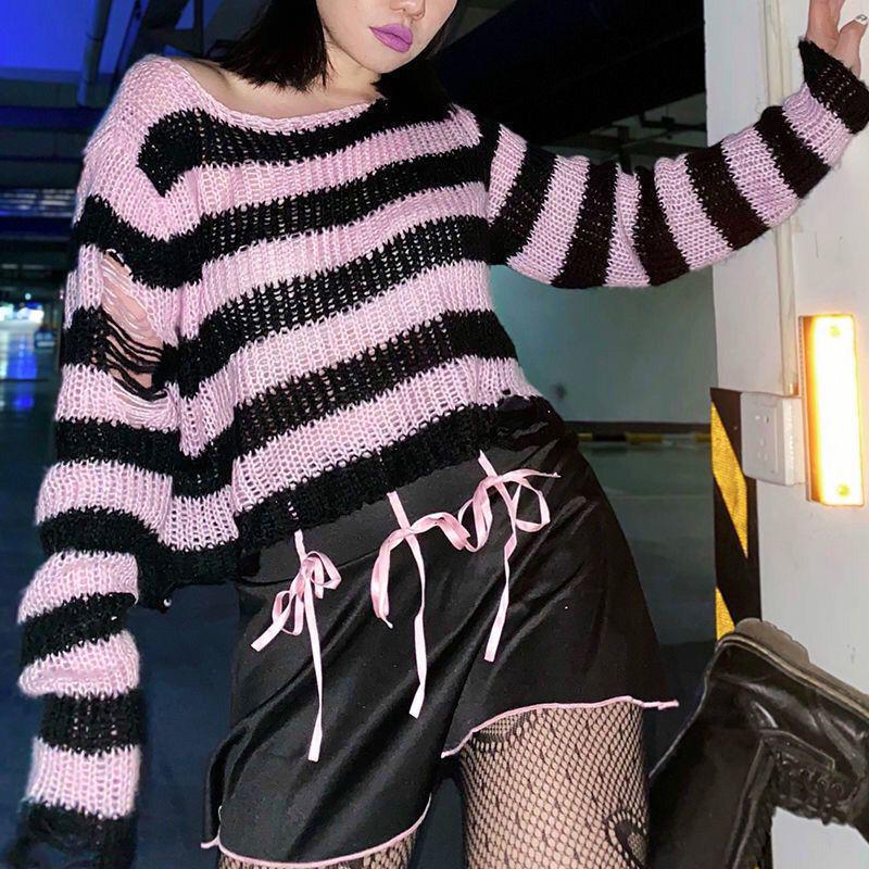 Unisex Punk Striped Gradient Ripped Knit Sweater