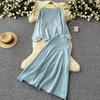Autumn Casual Two Pieces Sets Women O-Neck Loose Knitting Top+Elastic Waist Large Swing Skirt Basic Korean Winter Sets