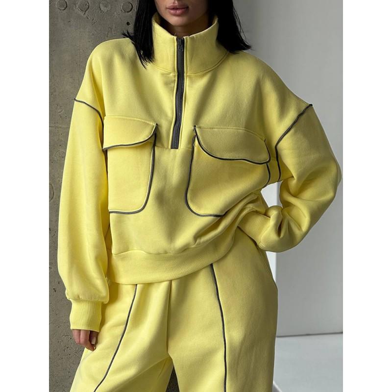 Womens Winter Streetwear Casual Set: Hooded Top With Half-Zip Front Pockets Long Pants Solid Color Soft Cotton Blend