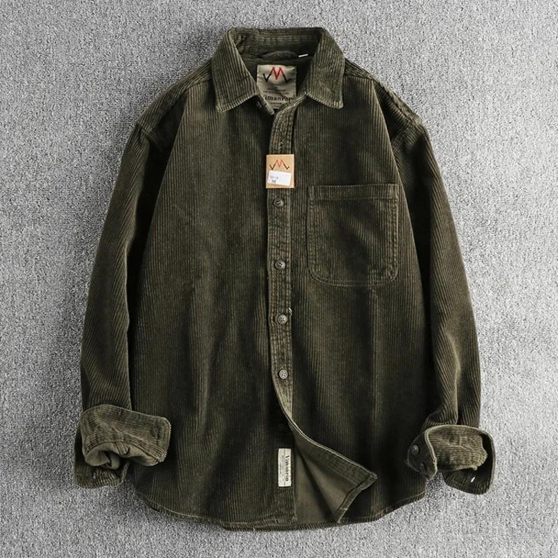 Solid Color Corduroy Vintage Shirt Men Spring Fashion Simple Basic Long Sleeve Blouse America Style Coats