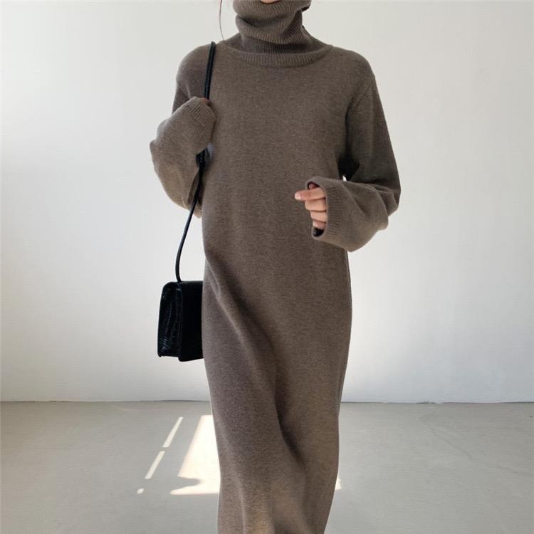 Casual Thicken Warm Women Knitted Dress Full Sleeve Loose Turtleneck Female Sweater Dresses Autumn Winter Vestidos
