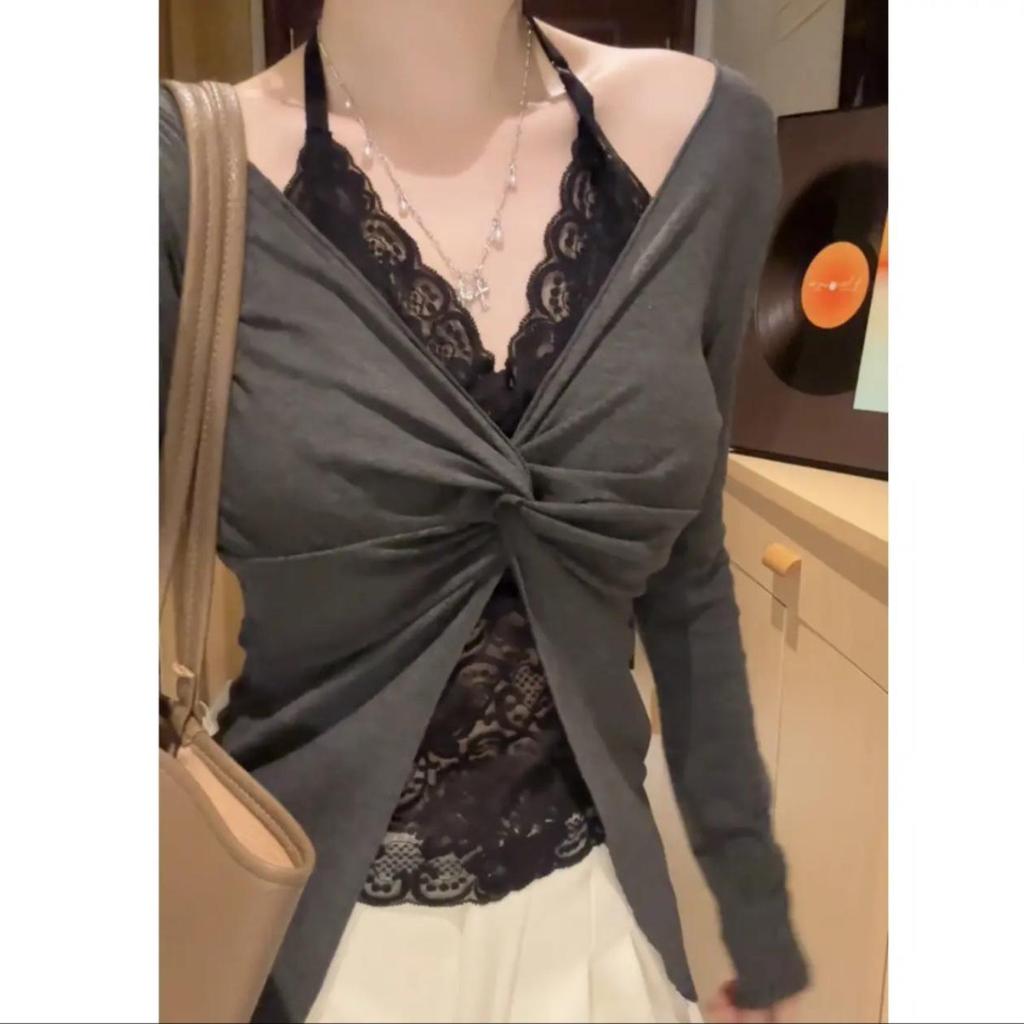 2025 Women's Korean Style Lace T-shirt - Long Sleeve Two-Piece Look with Chest Pads for Autumn/Winter.